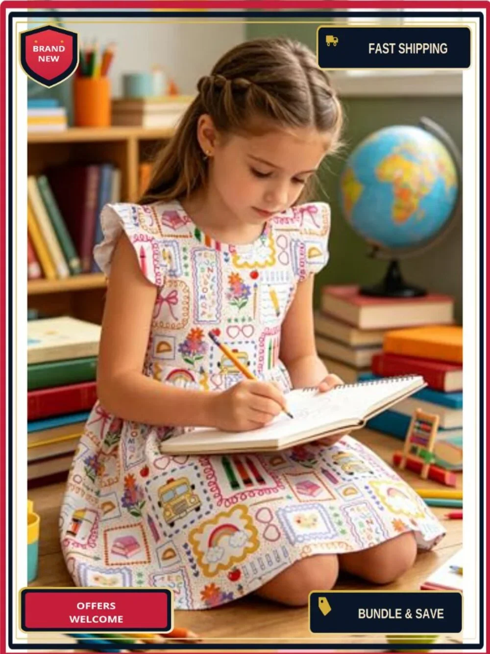 Ruffle Sleeve A-Line Dress for Girls, School Outfit, 95% Polyester 5% Spandex,